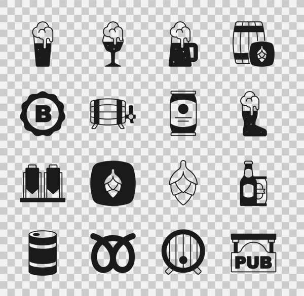 Pub, Beer bottle and beer can, Boot glass, Wooden mug, barrel, Bottle cap, Glass of and icon 과 함께 거리 표지판을 세운다. Vector — 스톡 벡터