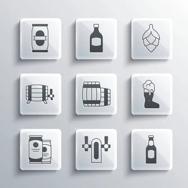 Definir torneira de cerveja, garrafa, Bota de vidro de cerveja, barril de madeira, lata, e ícone Hop. Vetor —  Vetores de Stock