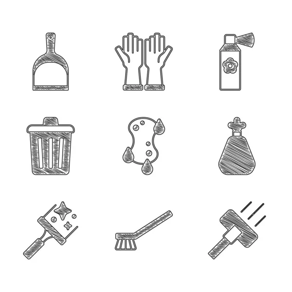 Set Schwamm, Bürste zum Reinigen, Staubsauger, Müllsack, Gummifenster, Mülleimer, Lufterfrischer-Sprühflasche und Kehrschaufel-Symbol. Vektor — Stockvektor