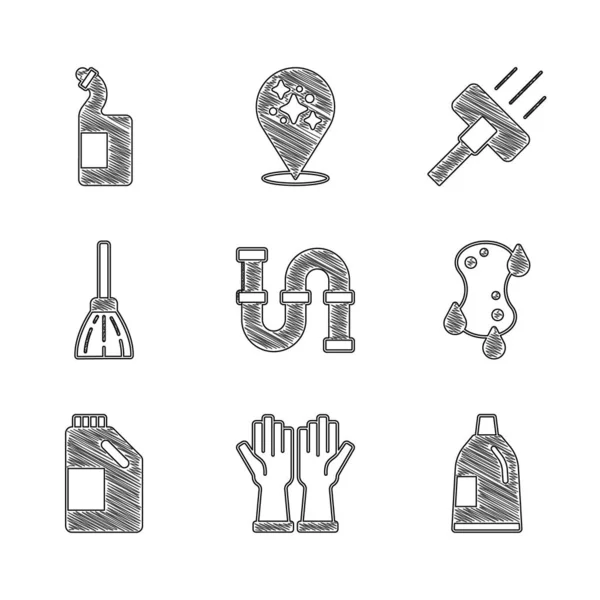 Набір Промислова металева труба, гумові рукавички, пляшка для миючого засобу, губка, ручка мітла, пилосос та значок рідкої пляшки для миття посуду. Векторні — стоковий вектор