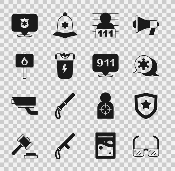 Set Safety goggle glasses, Police badge, Hexagram sheriff, Suspect criminal, electric shocker, Protest, and Telephone call 911 icon. Vector — Stockvector