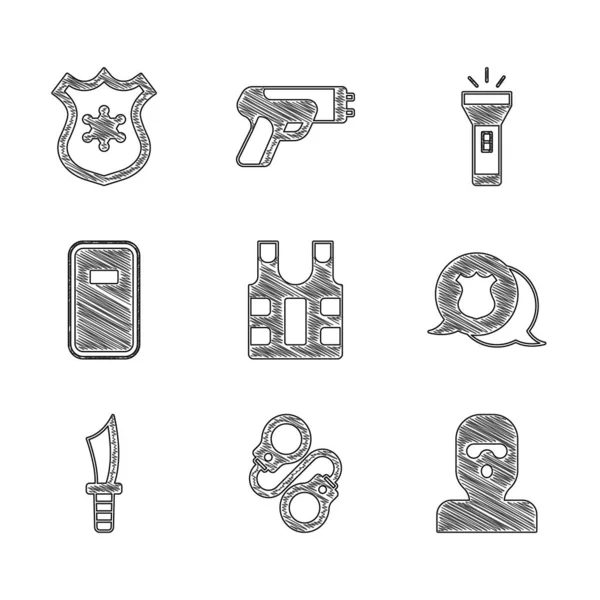 Set Bulletproof vest, Handcuffs, Thief mask, Police badge, Military knife, assault shield, Flashlight and icon. Vector — Stok Vektör