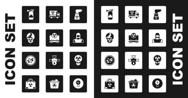 Set Centrale nucléaire, train de marchandises radioactif, planète terre et rayonnement, extincteur, travailleur du réacteur, camion avec des matériaux, et icône de la molécule. Vecteur — Image vectorielle