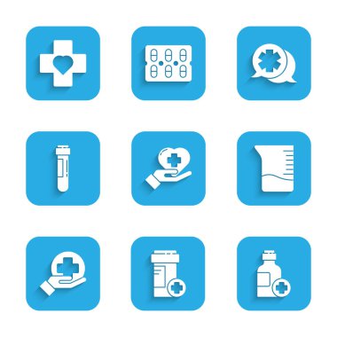 Haçlı bir kalp, ilaç şişesi, ilaç şurubu, ölçü kabı, Cross hastanesi sağlık sigortası, tüp kan testi, doktoru ve ikonu incele. Vektör