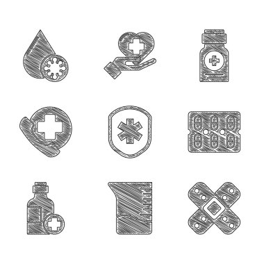 Tıbbi kalkanı haç, ölçü kabı, çapraz bandaj bandajı, hap şişesi, ilaç şurubu, hastaneye acil durum telefonu, ilaç şişesi ve kan testi ikonu ile ayarla. Vektör