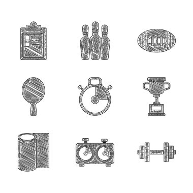 Stopwatch, Time satranç saati, Dumbbell, Ödül kupası, Fitness hasırı rulosu, masa tenisi için raket, Amerikan futbolu ve spor eğitim programı ikonu. Vektör