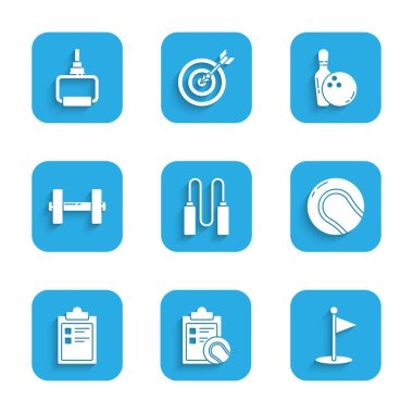 İp atlama, pano ve tenis topu, golf bayrağı, beysbol, spor eğitim programı, Dumbbell, bowling pin ve TPX döngü ikonu. Vektör