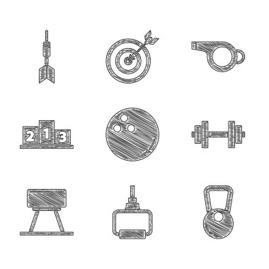 Bowling topu, TPX döngü eğitim ekipmanları, Kettlebell, Dumbbell, Pommel Atı, Spor Podyumu, Düdük ve Dart ok ikonu ödülleri. Vektör