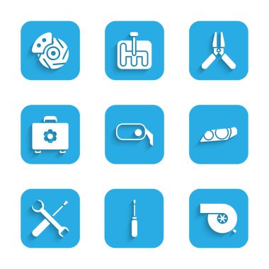 Dikiz aynası, tornavida, otomotiv turbo şarj aleti, far, anahtar anahtarı, alet kutusu, pil jumper güç kablosu ve kalibre ikonlu fren diskini ayarla. Vektör