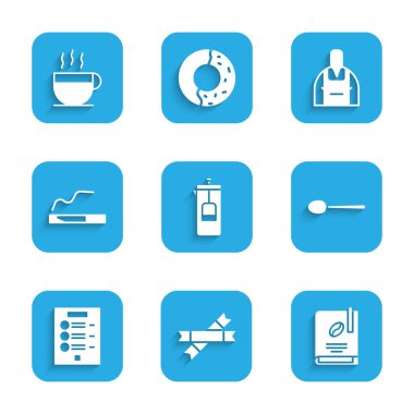 Fransız presi, şeker çubuğu paketleri, kahve kitabı, kaşık, menü, sigara, barista ve kupa ikonu. Vektör