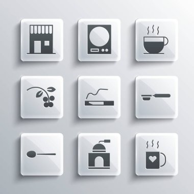 El yapımı kahve öğütücüsü, kahve fincanı ve kalp, filtre tutacağı, sigara tutacağı, kaşık, fasulye, dal, dükkan ve ikon. Vektör