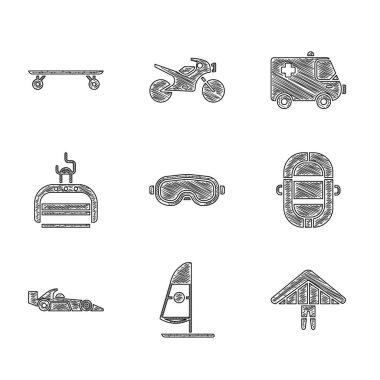 Kayak gözlükleri, rüzgar sörfü, planör, Rafting botu, Formula 1 yarış arabası, asansör, ambulans ve acil durum ayarlayın. Vektör