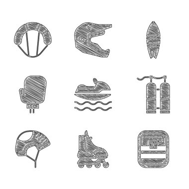 Jet ski, paten, ilk yardım çantası, Aqualung, Miğfer, Boks eldiveni, Sörf tahtası ve Paraşüt ikonu. Vektör