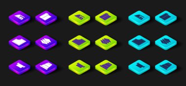 Tekstil kumaş rulo, dikiş için yüksük, dikiş deseni, katman giyim tekstili ve elektrikli demir ikonu hazırlayın. Vektör