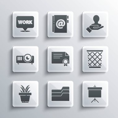 Belge dizini, şema, çöp kutusu, sertifika şablonu, esrar, film, film, medya projektörü, arama insanları simgesi için konum metin çalışması ve El 'i ayarlayın. Vektör