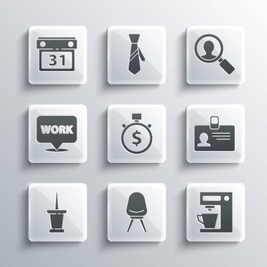 Ofis koltuğu, kahve makinesi, kimlik kartı, zaman para, raptiye, metin çalışmalı konum, arama yapan insanlar için takvim ve büyüteç. Vektör