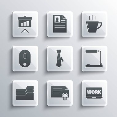 Sertifika şablonu, dizüstü bilgisayar, masa lambası, kravat, belge klasörü, Bilgisayar faresi, Kiremit diyagramı ve Kahve fincanı simgesini ayarlayın. Vektör