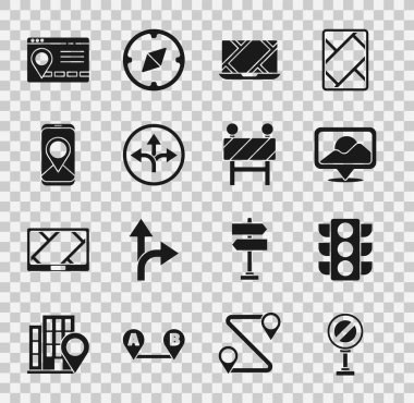 Dur işareti, trafik ışığı, konum, şehir haritası navigasyonu, yol trafiği, şehir ve bariyer simgesi bilgileri. Vektör