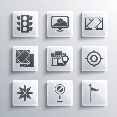 Stop işareti, konum işareti, hedef sporu, mağaza, rüzgar gülü, katlanmış harita, trafik ışığı ve GPS aygıtı simgesi ile. Vektör