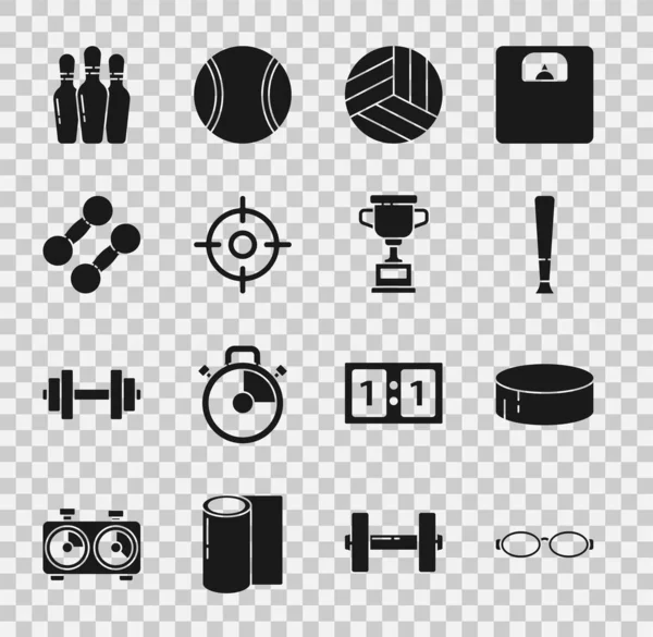 Set Glasses for swimming, Hockey puck, Baseball bat, Volleyball, Target sport, Dumbbell, Bowling pin and Award cup icon. Vector — Stock Vector