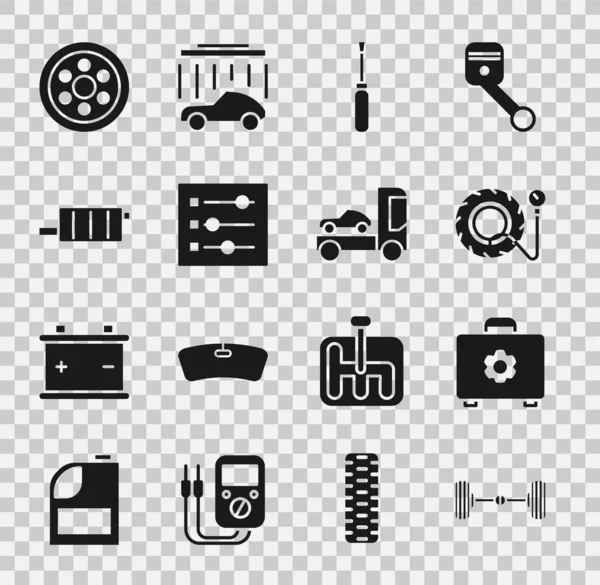 Set Chassi bil, Verktygslåda, Däck tryckmätare, Skruvmejsel, Bilinställningar, ljuddämpare, Legering hjul och transportbil ikon. Vektor — Stock vektor