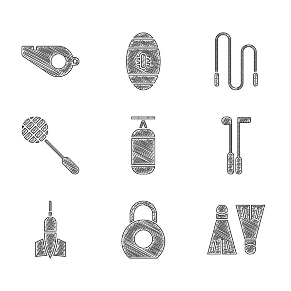 Set Boxsack, Kettlebell, Schwimmflossen, Golfschläger, Pfeil, Tennisschläger, Springseil und Trillerpfeifen-Symbol. Vektor — Stockvektor