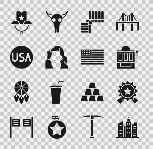 Set City landscape, Medal with star, Slot machine, Indian headhead feathers, Grand canyon, USA label, Western cowboy hat and American flag icon. Вектор — стоковый вектор