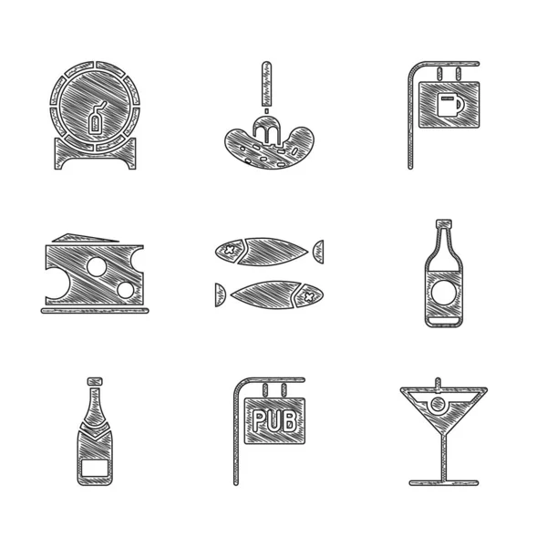 Set Trockenfisch, Straßenschild mit Pub, Martini-Glas, Bierflasche, Champagner, Käse, Bar und Holzfass auf Rack-Symbol. Vektor — Stockvektor