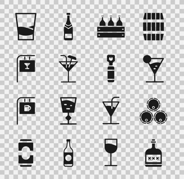 Alkol şişesi, ahşap fıçılar, martini bardakları, şarap şişeleri ahşap kutu, Kokteyl, Bar 'lı sokak tabelası, cam votka ve açılış ikonu. Vektör — Stok Vektör