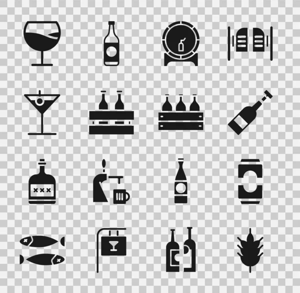 Set Hop, Pivo plechovka, Otevřená láhev vína, Dřevěný sud na stojanu, Balení pivních lahví, Martini sklo, Víno a lahve dřevěné krabice ikony. Vektor — Stockový vektor