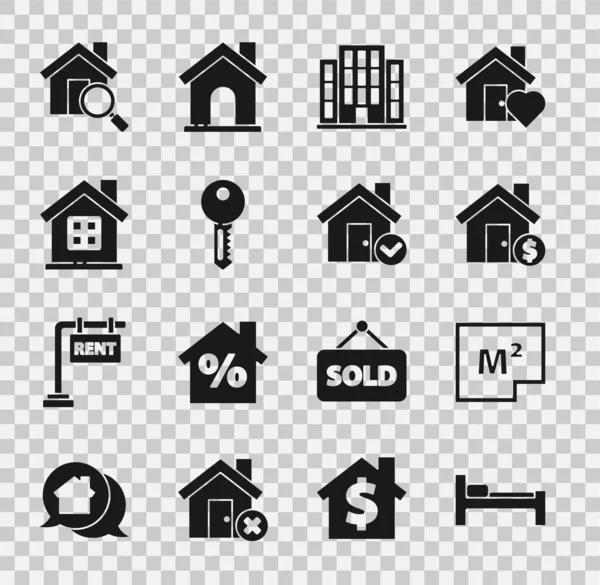 Set Bed, House plan, with dollar symbol, key, Search house and check mark icon. Vector — Stock Vector