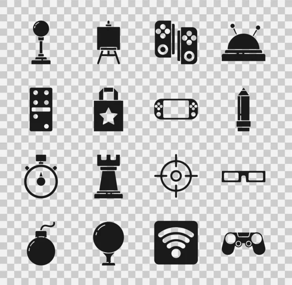 Set Gamepad, Cinema glasses, Pencil with eraser, Paper shopping bag, Domino, Joystick for arcade machine and Portable video game console icon. Vector — Stock Vector