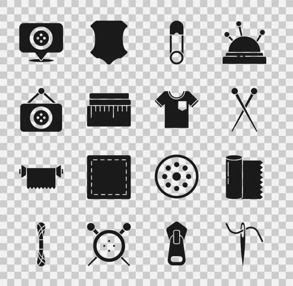 Set Naald voor naaien met draad, Textielrol, Breinaalden, Veiligheidspeld, Bandmaat, Maatwerk, Locatie op maat en T-shirt icoon. Vector — Stockvector