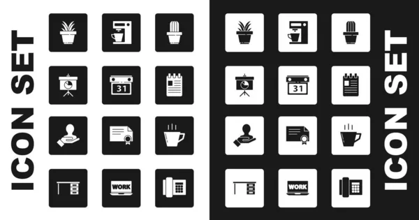 Set Kaktus und Sukkulente in Topf, Kalender, Tafel mit Diagramm, Pflanze, Spiralheft, Kaffeemaschine, Tasse und Hand für Suchpersonen-Symbol. Vektor — Stockvektor