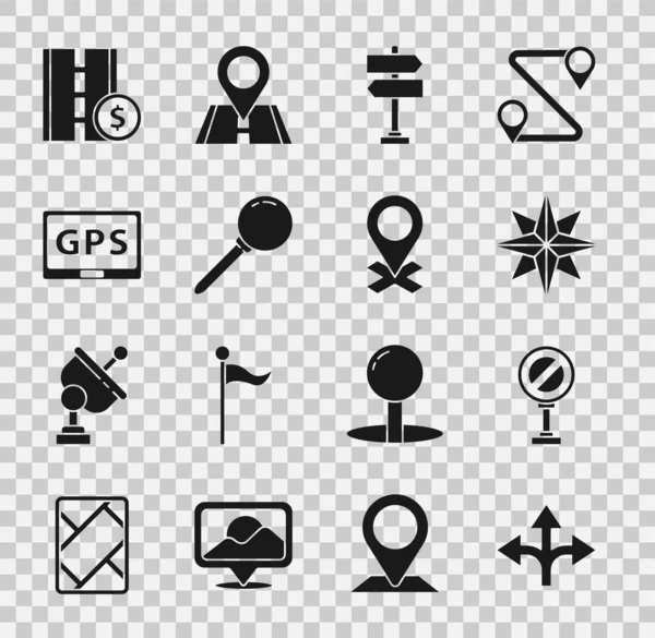 Set Road traffic sign, Stop, Wind rose, Push pin, Gps device with map, Toll road and Location icon. Vector — Stock Vector