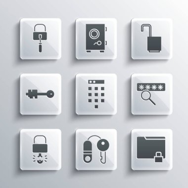 House 'u anahtar, dizin ve kilit, şifre koruması, anahtar kilidi kırma, eski, kilit açma ve açma simgesi için maymuncukları ayarla. Vektör