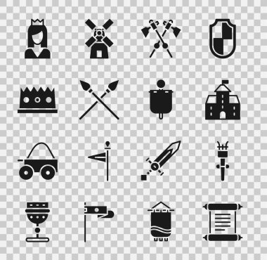 Kararname, parşömen, parşömen, meşale alevi, kale, kale çapraz ortaçağ baltaları, mızrakları, Kral tacı, Prenses ve Ortaçağ bayrağı ikonu. Vektör