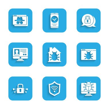 Set House system bug, Shield with WiFi wireless, System on monitor, Cyber security, Create account screen, and Browser incognito window icon. Vector