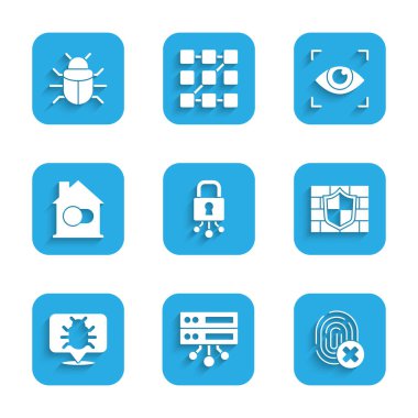Set Cyber security, Server, Data, Web Hosting, Cancelled fingerprint, Shield with brick wall, System bug, Smart home, Eye scan and icon. Vector