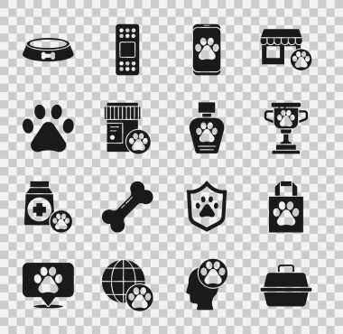 Set Pet carry case, Shopping bag pet, award, Veterinary clinic, Dog medicine bottle, Paw print, food bowl and shampoo icon. Vector