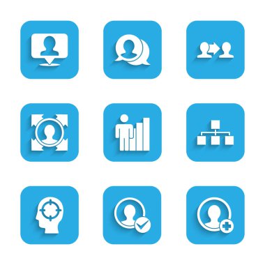 Set Productive human, Create account screen, Hierarchy organogram chart, Head hunting, Project team base and Location with person icon. Vector