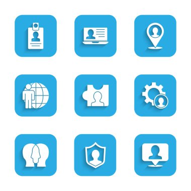 Set Head hunting, User protection, Location with person, Project team base, and Identification badge icon. Vector