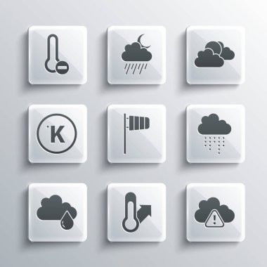 Set Meteorology thermometer, Storm warning, Cloud with rain, Cone windsock wind vane, Kelvin, and Sun and cloud weather icon. Vector