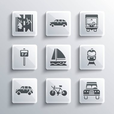 Set Bicycle, Car, Train and railway, Yacht sailboat, Hatchback car, Road traffic signpost, Broken road and Delivery cargo truck icon. Vector
