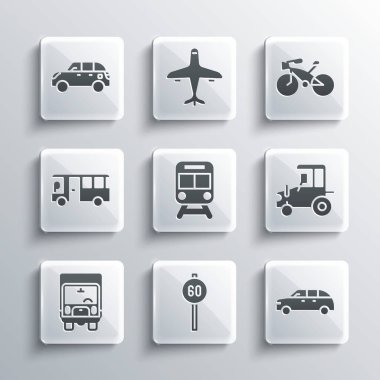 Set Speed limit traffic, Hatchback car, Tractor, Train and railway, Delivery cargo truck, Bus, and Bicycle icon. Vector