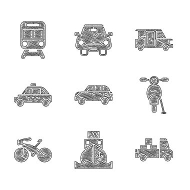 Set Hatchback car, Cargo ship, Delivery truck, Scooter, Bicycle, Taxi, Minibus and Train and railway icon. Vector