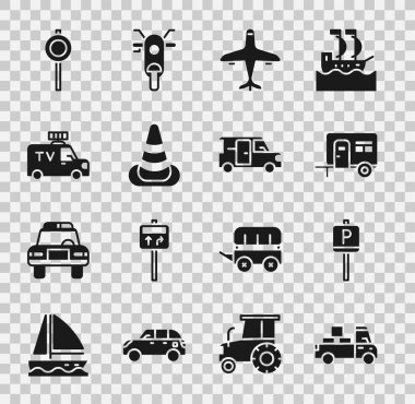 Set Delivery truck, Parking, Rv Camping trailer, Plane, Traffic cone, TV News car, Road traffic signpost and Minibus icon. Vector