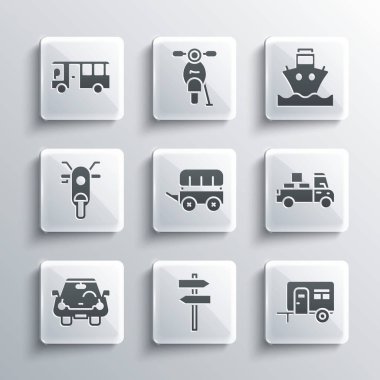 Set Road traffic signpost, Rv Camping trailer, Delivery truck, Wild west covered wagon, Car, Scooter, Bus and Cargo ship icon. Vector