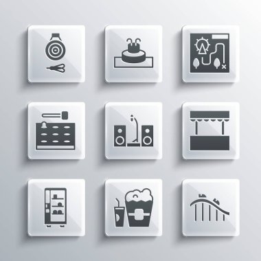 Set Popcorn in box and glass, Roller coaster, Ticket office, Home stereo with two speakers, Vending machine, Arcade game, Classic dart board arrow and Amusement park map icon. Vector