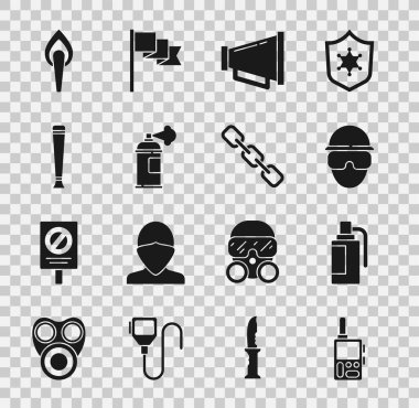 Set Walkie talkie, Hand grenade, Special forces soldier, Megaphone, Paint spray can, Police rubber baton, Torch flame and Chain link icon. Vector